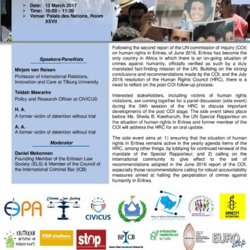 Upcoming: side event at the UNHRC – follow up process on the COI report on Eritrea